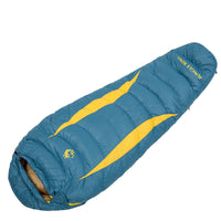 Thumbnail for sac de couchage compact bleu et jaune léger et chaud pour randonnée