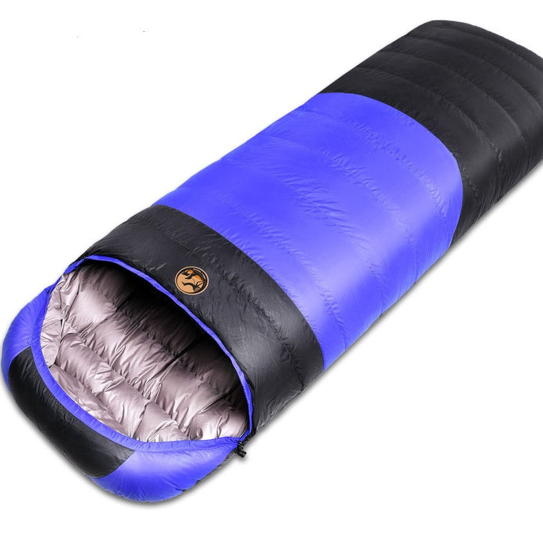 sac de couchage grand froid ultra léger bleu et noir sur fond blanc