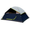 tente camping légère bleue ouverte sur fond blanc